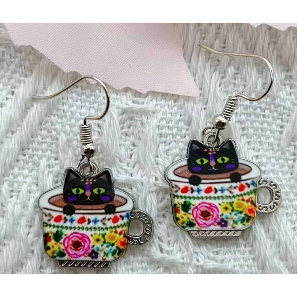 Black Cats in‎ Coffee Tea Cups Silvertone Fashion Earrings NEW